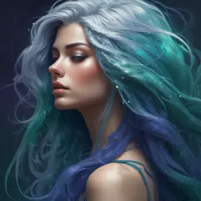 A breathtaking woman with eyes like galaxies, swirling with emerald, sapphire, and amethyst hues. Her hair cascades down her back like a silken waterfall, catching the light and shimmering with strands of silver, platinum, and gold., 8k by Stanley Artgerm Lau