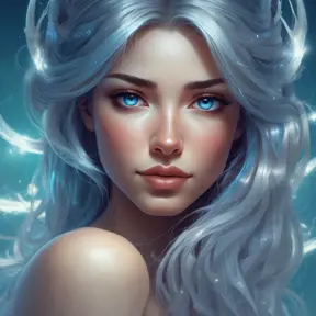 Envision a woman of ethereal beauty, her skin aglow with a soft luminescence that seems to radiate from within. Her eyes are deep pools of shimmering azure, reflecting a wisdom and serenity that transcends time., 8k by Stanley Artgerm Lau