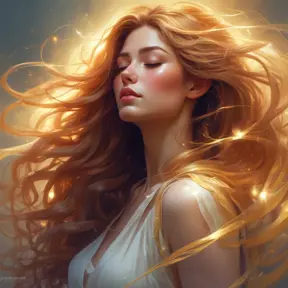 A woman of ethereal beauty hair flows like liquid gold, catching the light in a cascade of sparkling strands that frame her face in a halo of warmth., 8k by Stanley Artgerm Lau