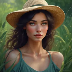 A stunningly beautiful woman stands in a field of tall, swaying grasses. Her skin is flawless, with a warm, radiant glow. Her features are delicate and enchanting - high cheekbones, full lips, and large, expressive eyes that seem to shift between shades of green, blue, and gray., 8k by Stanley Artgerm Lau