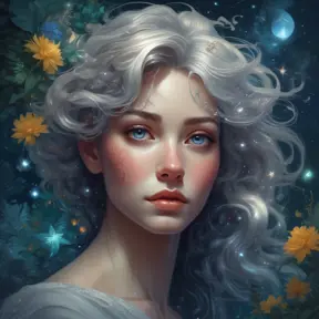 A woman with skin the color of moonlight, and hair made of cascading stars, floating in a dreamlike world filled with glowing flora and fauna. Her eyes are filled with wonder and curiosity., 8k by Stanley Artgerm Lau