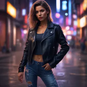 A woman with a fierce, confident expression, wearing a leather jacket and ripped jeans. She is standing in a gritty urban environment, with graffiti and neon lights surrounding her., 8k by Stanley Artgerm Lau