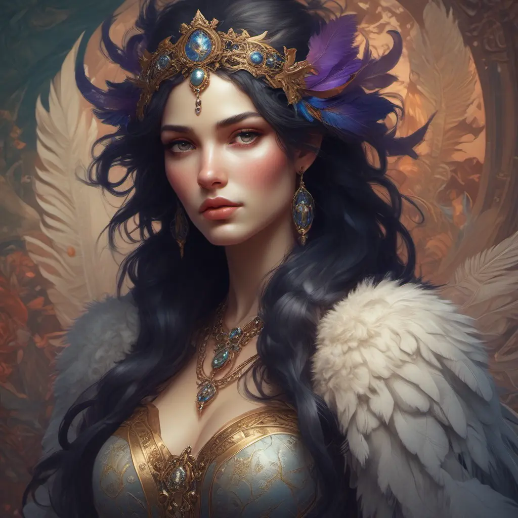 Alluring matte portrait of a beautiful Morgana wearing feathers, 8k, Highly Detailed, Intricate, Half Body, Realistic, Sharp Focus, Volumetric Lighting, Fantasy, Elegant by Stanley Artgerm Lau, Alphonse Mucha, WLOP