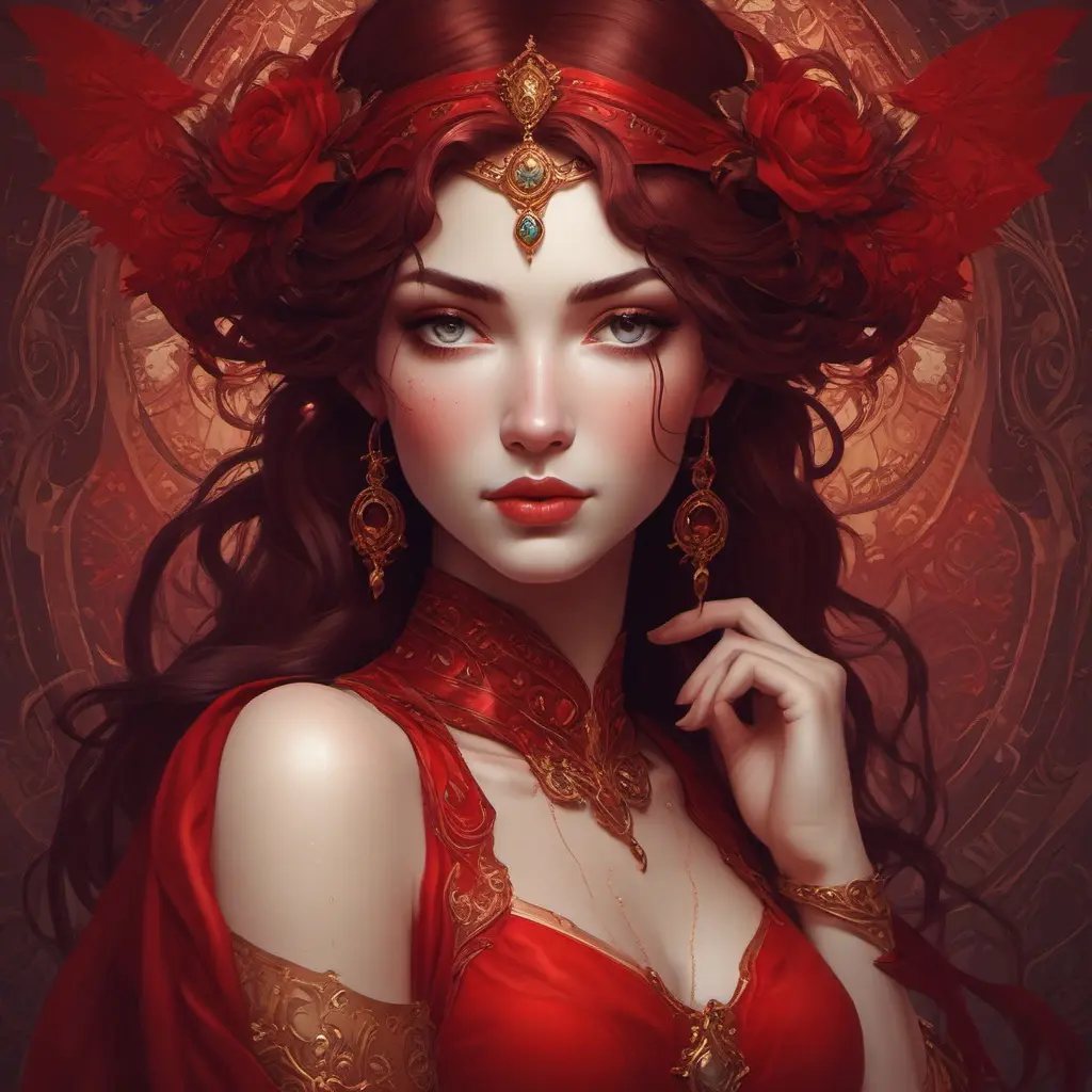 Alluring matte portrait of the beautiful Morgana in dark red, 8k, Highly Detailed, Intricate, Realistic, Sharp Focus, Volumetric Lighting, Fantasy, Elegant by Stanley Artgerm Lau, Alphonse Mucha, WLOP, Stefan Kostic