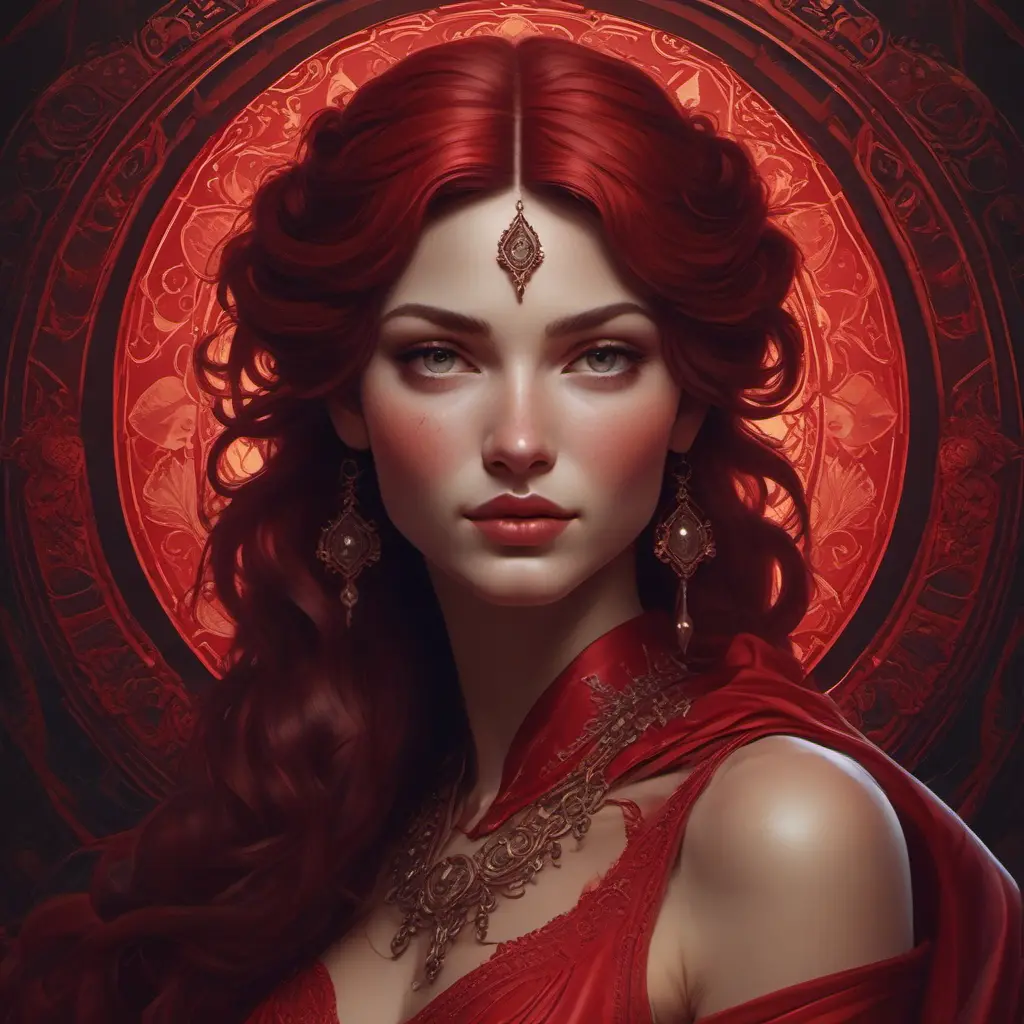 Alluring matte portrait of the beautiful Morgana in dark red, 8k, Highly Detailed, Intricate, Realistic, Sharp Focus, Volumetric Lighting, Fantasy, Elegant by Stanley Artgerm Lau, Alphonse Mucha, WLOP, Stefan Kostic