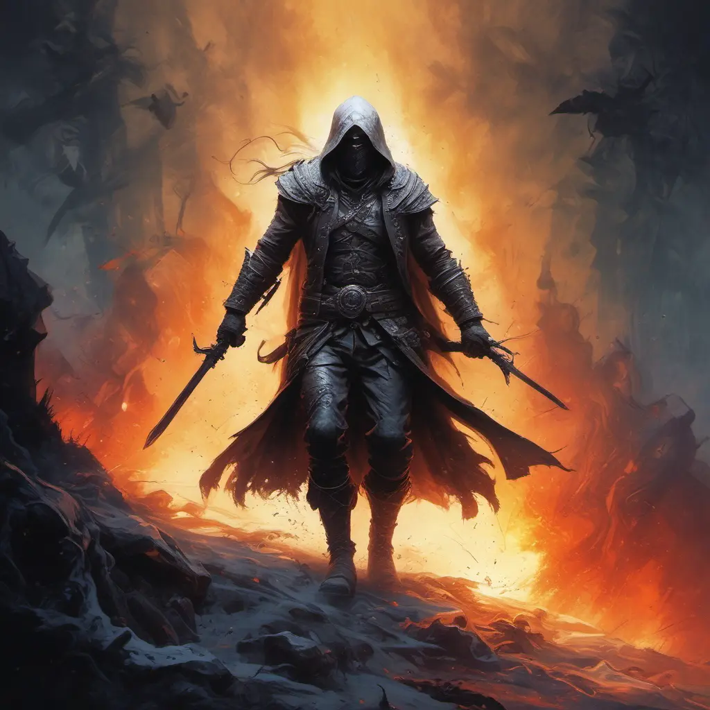 White Assassin emerging from a firey fog of battle, ink splash, Highly Detailed, Vibrant Colors, Ink Art, Fantasy, Dark by Brad Rigney