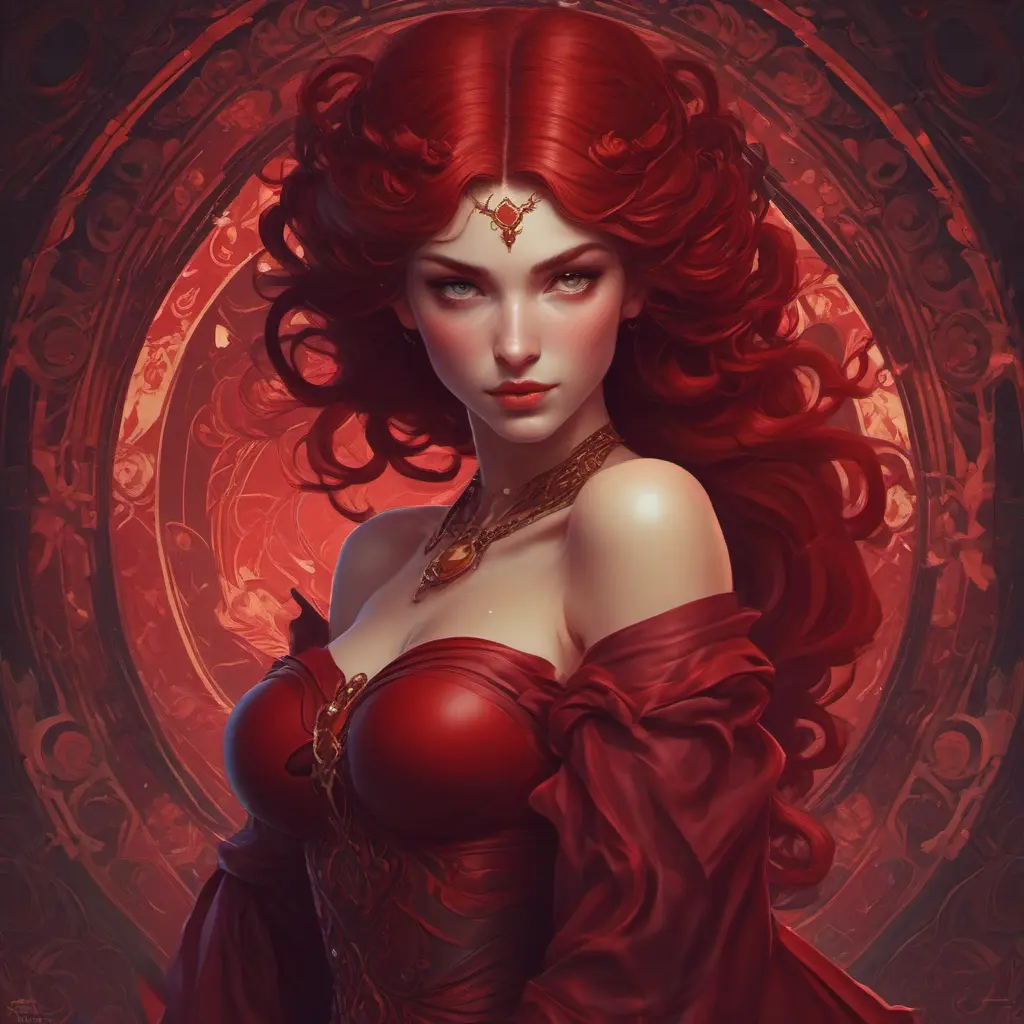 Alluring matte portrait of the beautiful Morgana in dark red, 8k, Highly Detailed, Intricate, Realistic, Sharp Focus, Volumetric Lighting, Fantasy, Elegant by Stanley Artgerm Lau, Alphonse Mucha, WLOP, Stefan Kostic