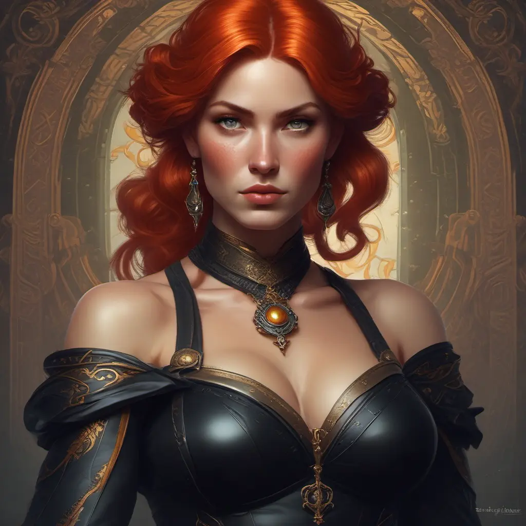 Alluring matte portrait of a fierce beautiful Triss Merrigold in black, 8k, Highly Detailed, Intricate, Half Body, Realistic, Sharp Focus, Volumetric Lighting, Fantasy, Elegant by Stanley Artgerm Lau, Alphonse Mucha, WLOP, Stefan Kostic