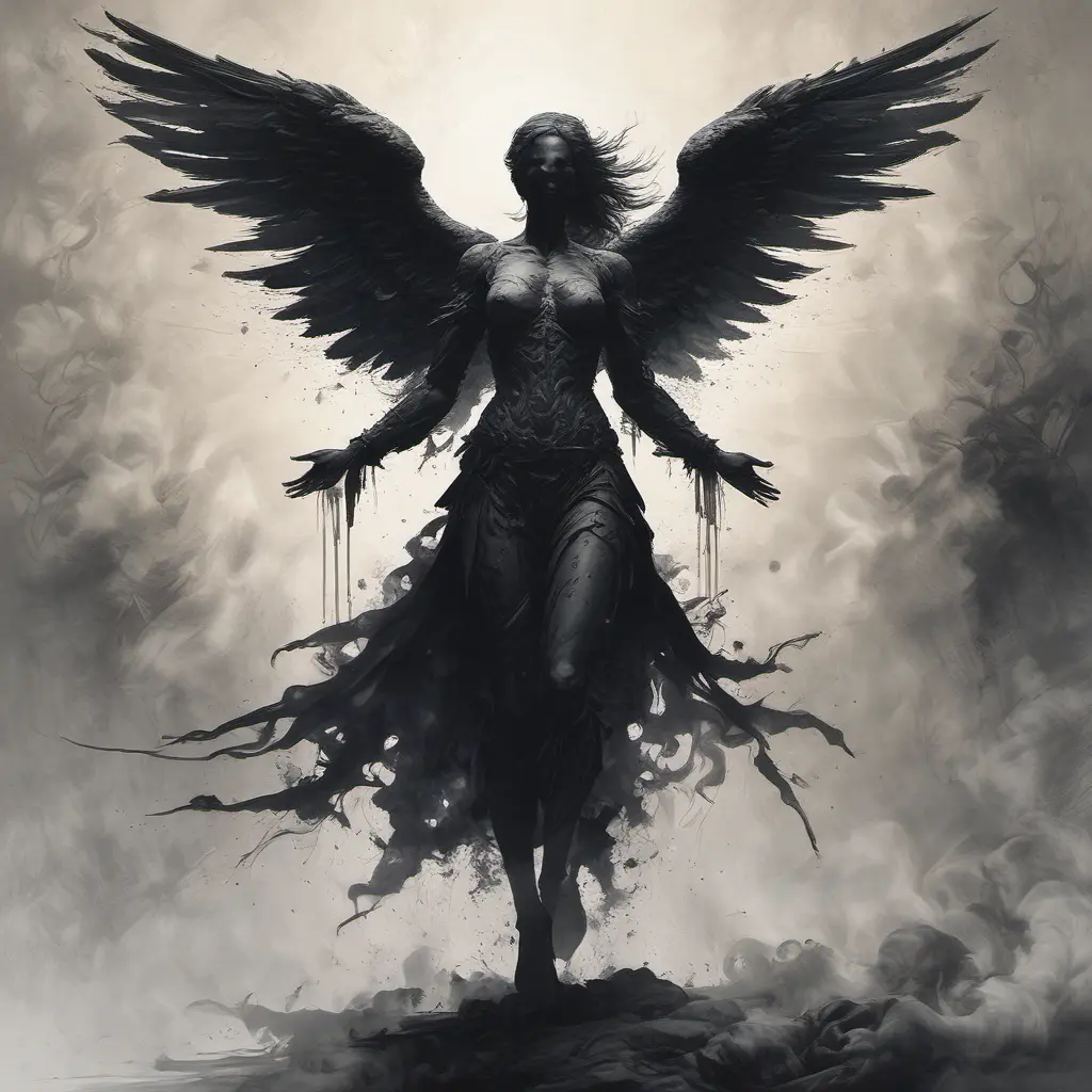 Silhouette of an Angel emerging from the fog of war, ink splash, Highly Detailed, Vibrant Colors, Ink Art, Fantasy, Dark by Stanley Artgerm Lau