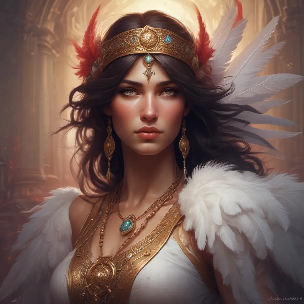 Alluring matte portrait of a beautiful Kassandra wearing feathers, 8k, Highly Detailed, Intricate, Half Body, Realistic, Sharp Focus, Volumetric Lighting, Fantasy, Elegant by Stanley Artgerm Lau, Alphonse Mucha, WLOP