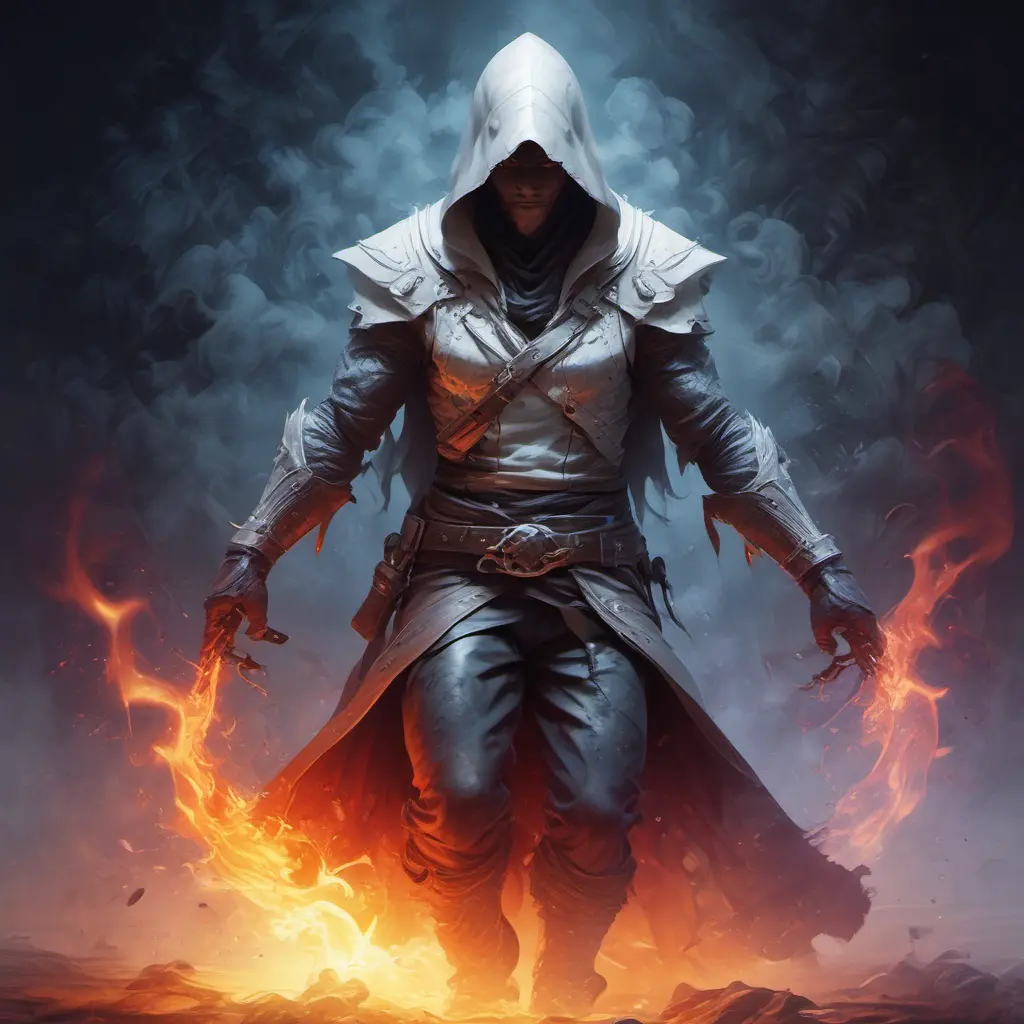 White Assassin emerging from a firey fog of battle, ink splash, Highly Detailed, Vibrant Colors, Ink Art, Fantasy, Dark by Stanley Artgerm Lau