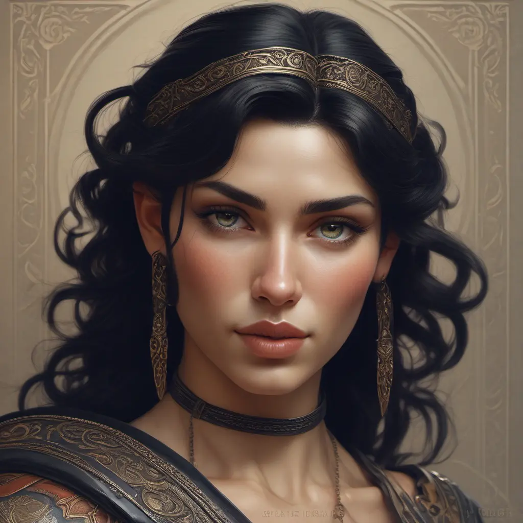 Alluring matte portrait of a beautiful Kassandra wearing black leather, 8k, Highly Detailed, Intricate, Half Body, Realistic, Sharp Focus, Volumetric Lighting, Fantasy, Elegant by Stanley Artgerm Lau, Alphonse Mucha, WLOP