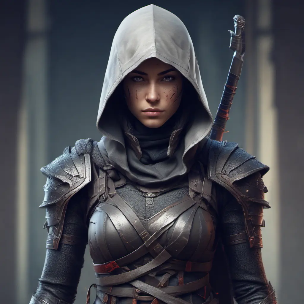 Alluring highly detailed matte portrait of beautiful female ninja wearing Assassin Creed armor in the style of Stefan Kostic, 8k, High Definition, Highly Detailed, Intricate, Half Body, Realistic, Sharp Focus, Fantasy, Elegant