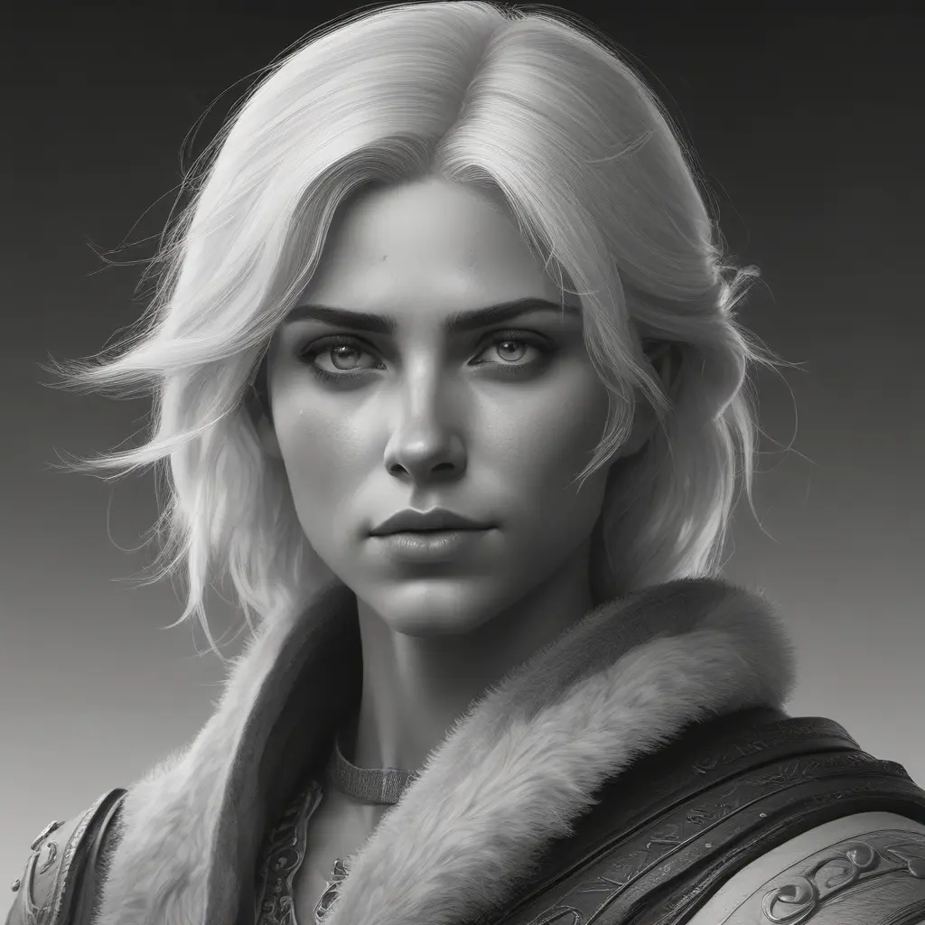 Black & White portrait of Ciri, Highly Detailed, Intricate, Artstation, Beautiful, Digital Painting, Sharp Focus, Concept Art, Elegant