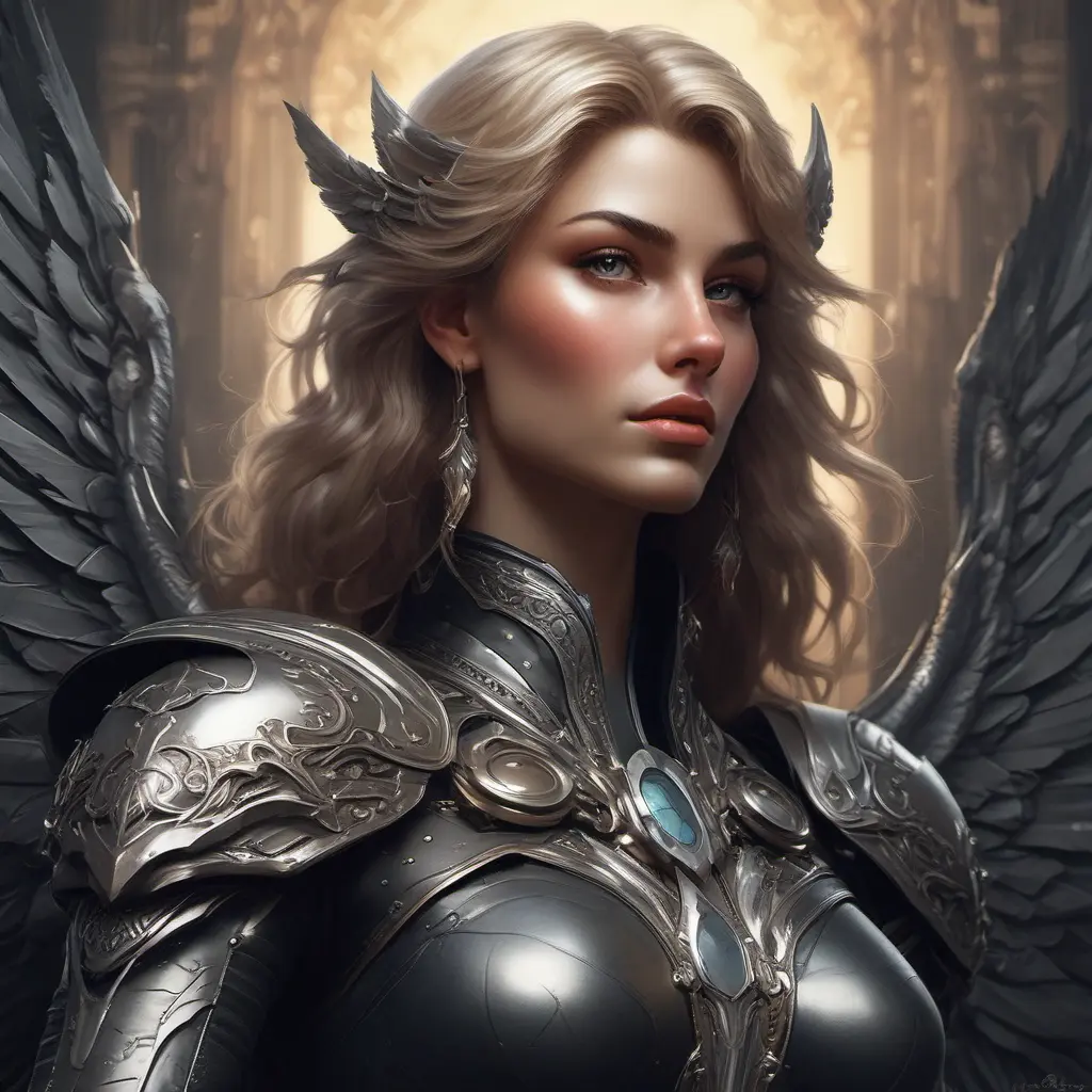 Alluring matte portrait of a beautiful Kayle wearing black leather, 8k, Highly Detailed, Intricate, Half Body, Realistic, Sharp Focus, Volumetric Lighting, Fantasy, Elegant by Stanley Artgerm Lau, Alphonse Mucha, WLOP