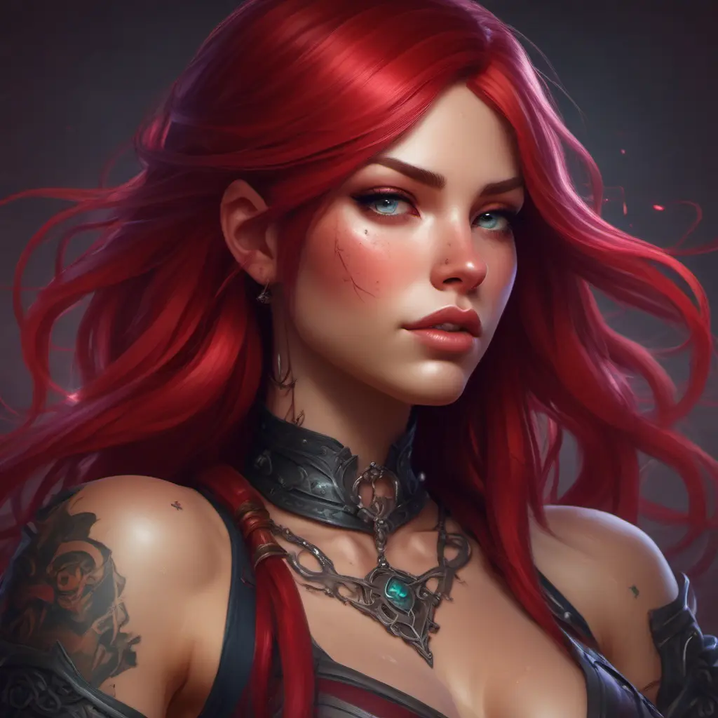 Matte portrait of Katarina from League of Legends with tattoos, 8k, Highly Detailed, Powerful, Alluring, Artstation, Magical, Digital Painting, Photo Realistic, Sharp Focus, Volumetric Lighting, Concept Art by Stanley Artgerm Lau, Alphonse Mucha, Greg Rutkowski