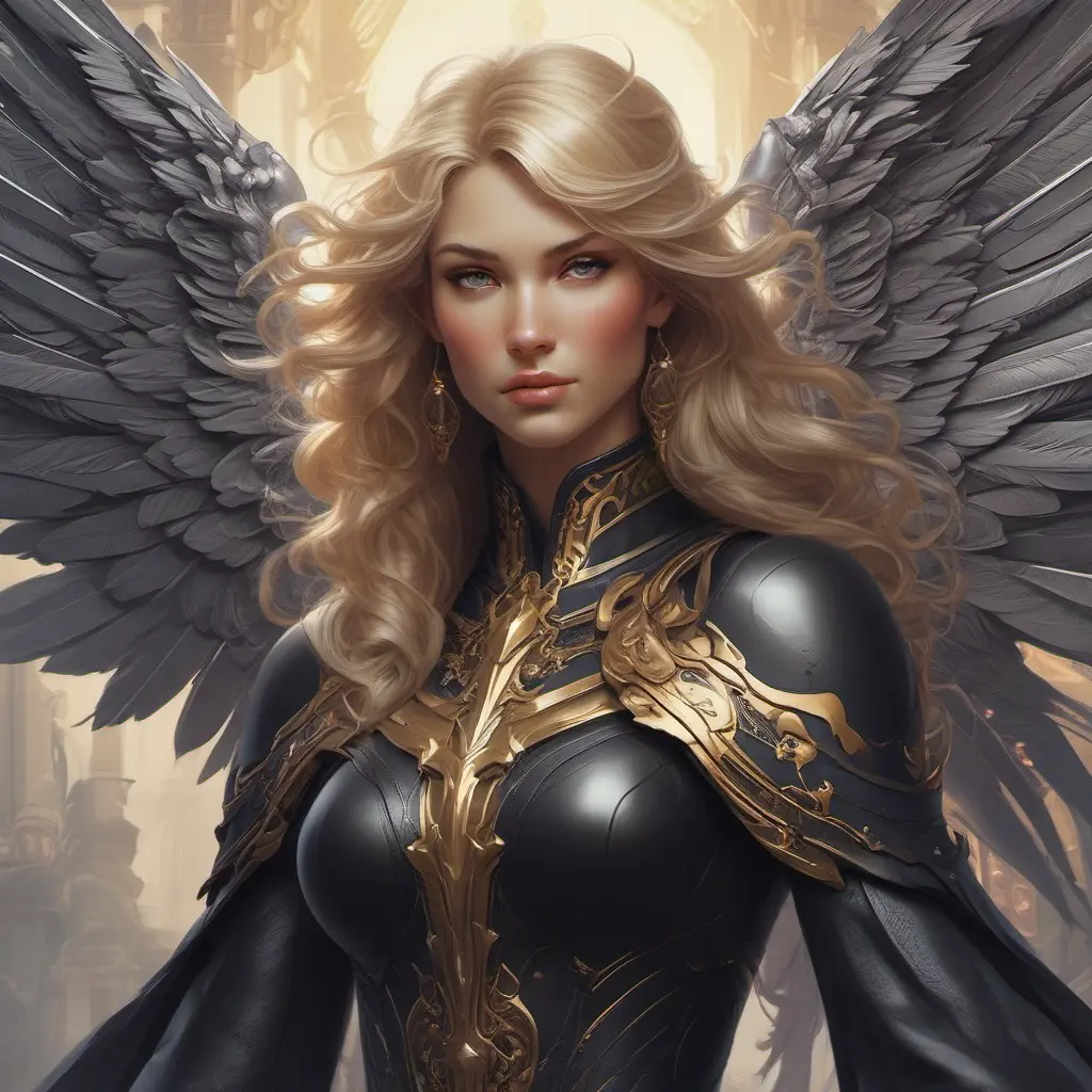 Alluring matte portrait of a beautiful Kayle wearing black leather, 8k, Highly Detailed, Intricate, Half Body, Realistic, Sharp Focus, Volumetric Lighting, Fantasy, Elegant by Stanley Artgerm Lau, Alphonse Mucha, WLOP