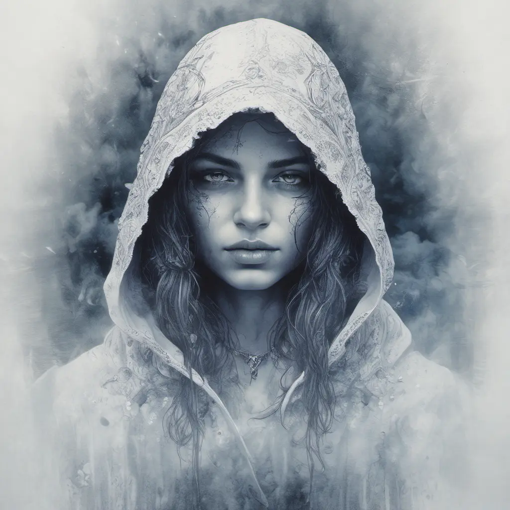 White hooded female assassin emerging from the fog of war, Highly Detailed, Vibrant Colors, Ink Art, Fantasy, Dark by Aliza Razell