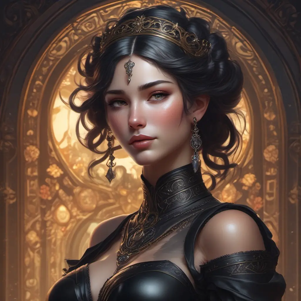 Alluring matte portrait of a beautiful Sona wearing black leather, 8k, Highly Detailed, Intricate, Half Body, Realistic, Sharp Focus, Volumetric Lighting, Fantasy, Elegant by Stanley Artgerm Lau, Alphonse Mucha, WLOP