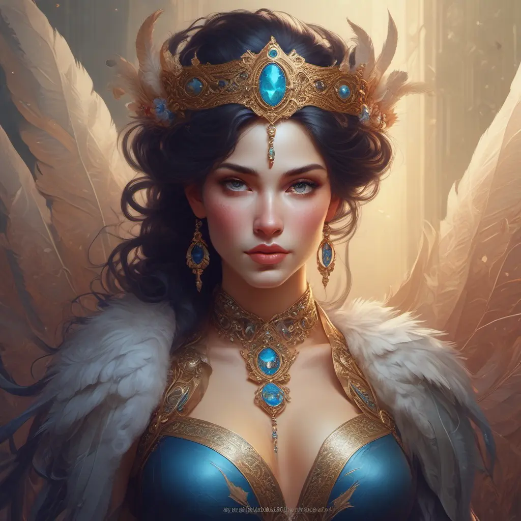 Alluring matte portrait of a beautiful Morgana wearing feathers, 8k, Highly Detailed, Intricate, Half Body, Realistic, Sharp Focus, Volumetric Lighting, Fantasy, Elegant by Stanley Artgerm Lau, Alphonse Mucha, WLOP