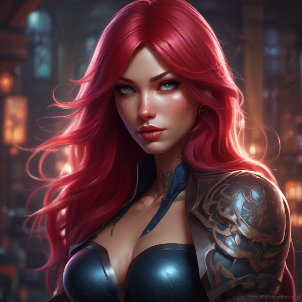 Matte portrait of Katarina from League of Legends with tattoos, 8k, Highly Detailed, Powerful, Alluring, Artstation, Magical, Digital Painting, Photo Realistic, Sharp Focus, Volumetric Lighting, Concept Art by Stanley Artgerm Lau, Alphonse Mucha, Greg Rutkowski