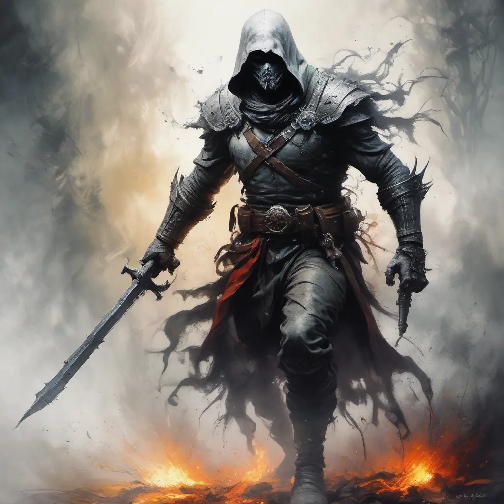 White Assassin emerging from a firey fog of battle, ink splash, Highly Detailed, Vibrant Colors, Ink Art, Fantasy, Dark by Gabriele Dell'otto