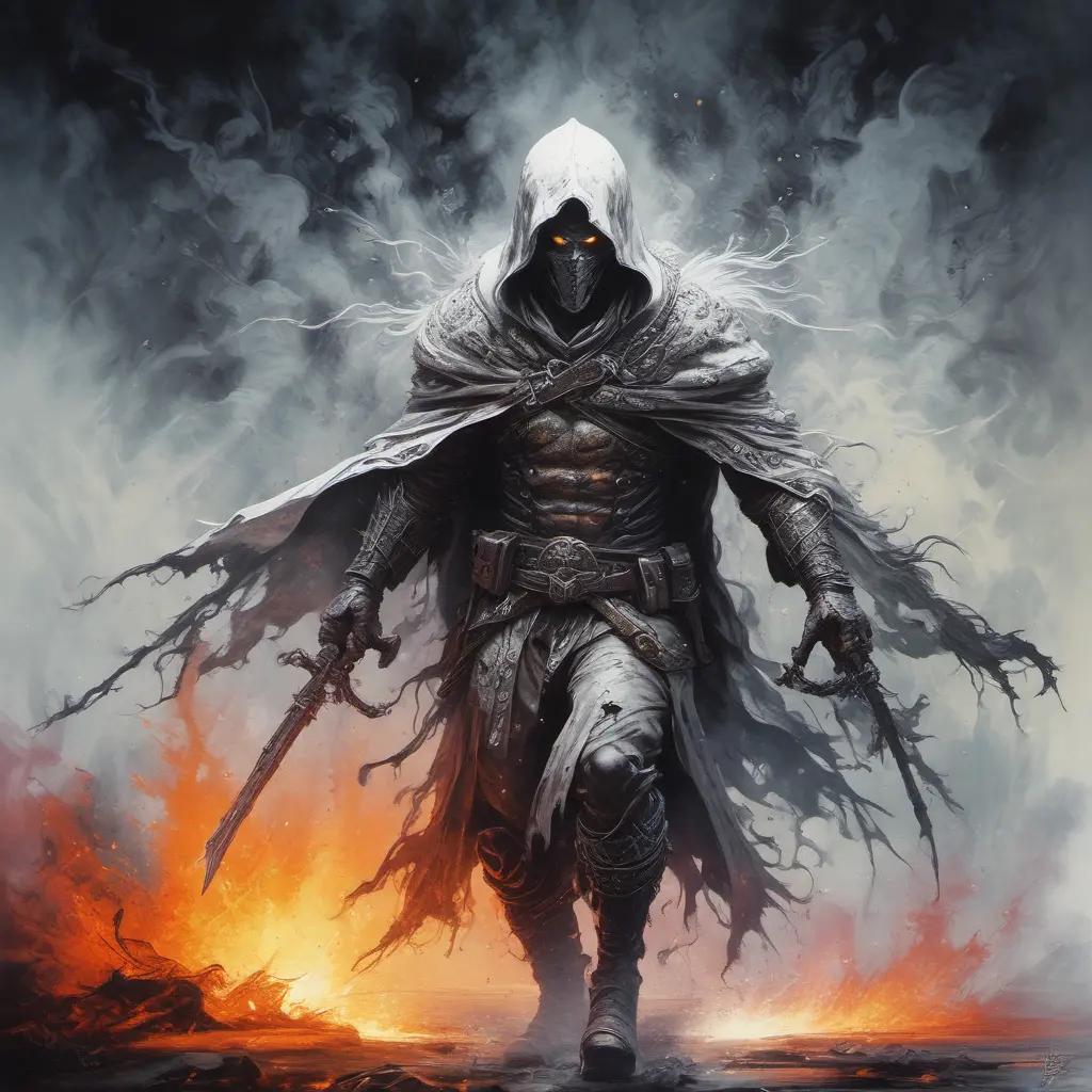 White Assassin emerging from a firey fog of battle, ink splash, Highly Detailed, Vibrant Colors, Ink Art, Fantasy, Dark by Vincent Di Fate