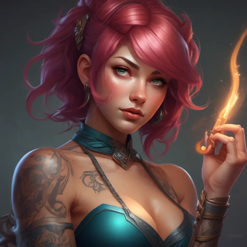 Alluring Matte portrait of Lyx from League of Legends with tattoos, 8k, Highly Detailed, Powerful, Alluring, Artstation, Magical, Digital Painting, Photo Realistic, Sharp Focus, Volumetric Lighting, Concept Art by Stanley Artgerm Lau, Alphonse Mucha, Greg Rutkowski