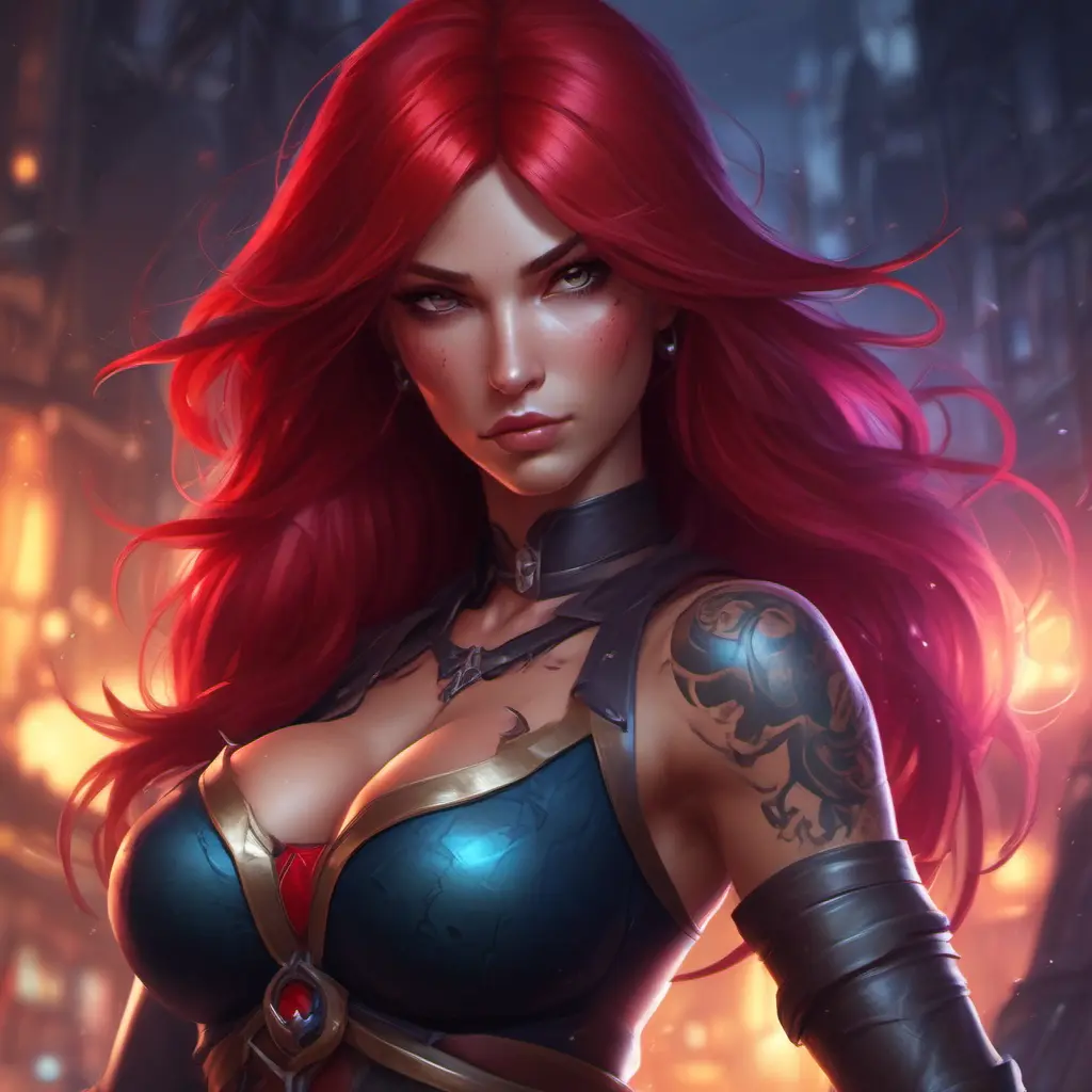 Matte portrait of Katarina from League of Legends with tattoos, 8k, Highly Detailed, Powerful, Alluring, Artstation, Magical, Digital Painting, Photo Realistic, Sharp Focus, Volumetric Lighting, Concept Art by Stanley Artgerm Lau, Alphonse Mucha, Greg Rutkowski