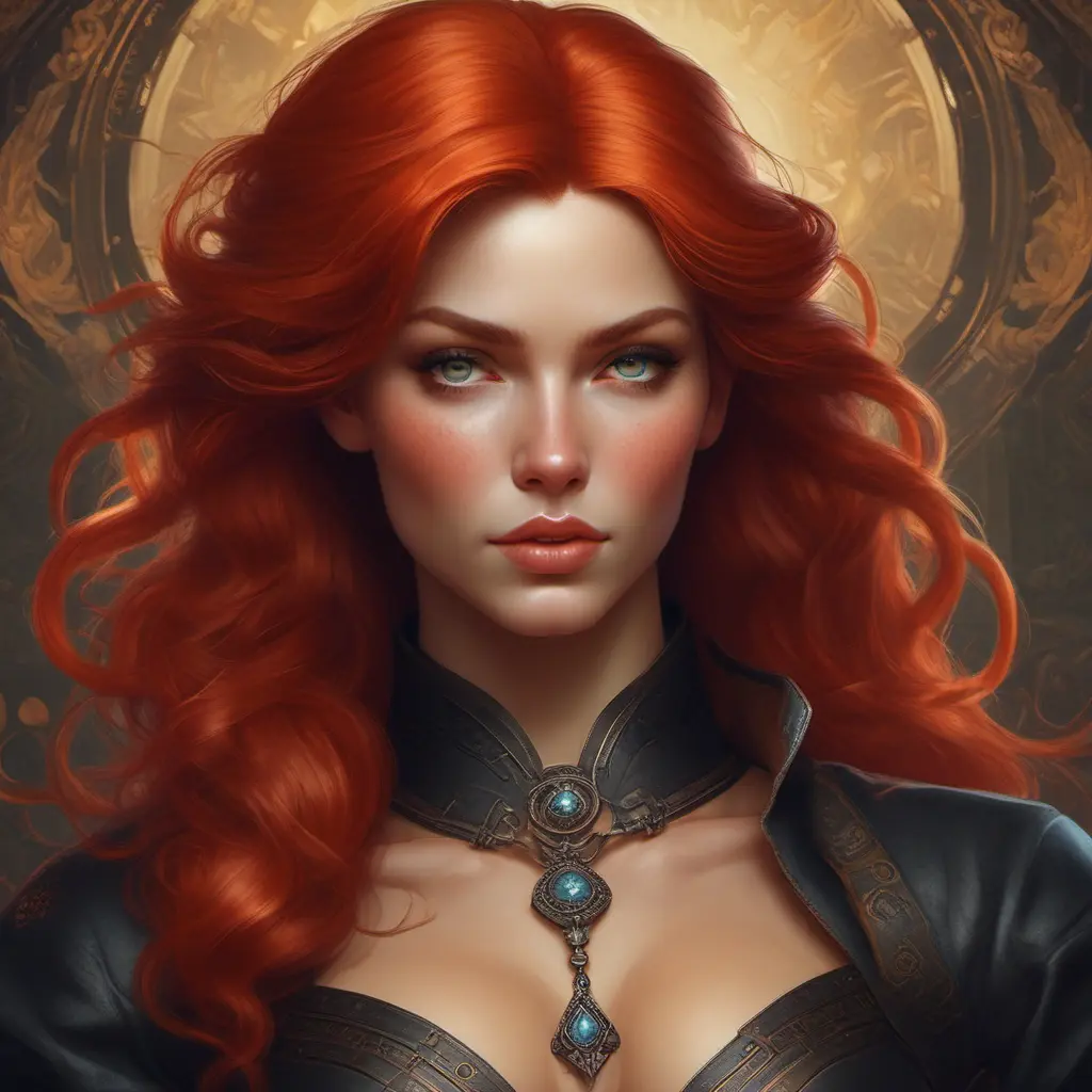 Alluring matte portrait of a fierce beautiful Triss Merrigold in black, 8k, Highly Detailed, Intricate, Half Body, Realistic, Sharp Focus, Volumetric Lighting, Fantasy, Elegant by Stanley Artgerm Lau, Alphonse Mucha, WLOP, Stefan Kostic