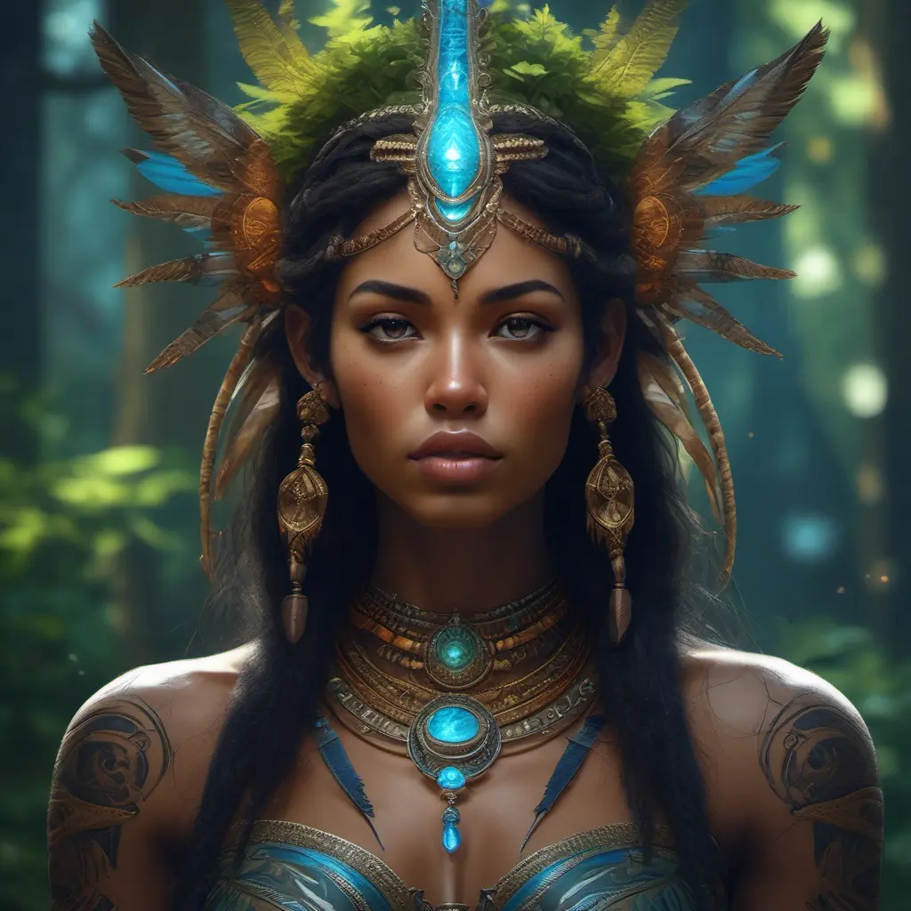 Closeup of a beautiful tribal goddess in a magical forest, 4k, Highly Detailed, Masterpiece, Pretty Face, Digital Illustration, Cinematic Lighting, Realistic, Sharp Focus, Centered, Beautifully Lit, Bioluminescent by Stanley Artgerm Lau