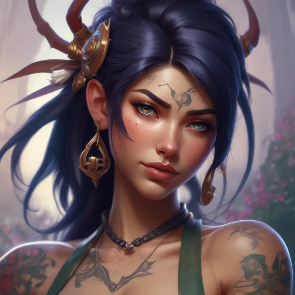 Matte portrait of Akali from League of Legends with tattoos, 8k, Highly Detailed, Powerful, Alluring, Artstation, Magical, Digital Painting, Photo Realistic, Sharp Focus, Volumetric Lighting, Concept Art by Stanley Artgerm Lau, Alphonse Mucha, Greg Rutkowski