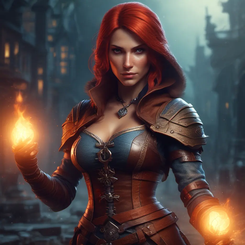 Alluring Triss Merigold as a rouge mage in The Witcher 3 Style, 4k, Highly Detailed, Beautiful, Cinematic Lighting, Sharp Focus, Volumetric Lighting, Closeup Portrait, Concept Art