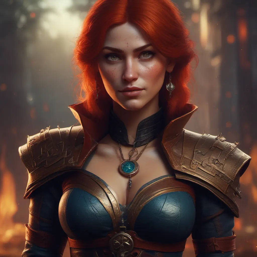 Alluring Triss Merigold as a rouge mage in The Witcher 3 Style, 4k, Highly Detailed, Beautiful, Cinematic Lighting, Sharp Focus, Volumetric Lighting, Closeup Portrait, Concept Art