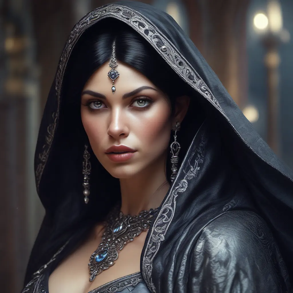 Alluring portrait of a beautiful raven black-haired veiled & caped vampire with sharp features and piercing eyes in the style of Stefan Kostic, 8k, High Definition, Highly Detailed, Intricate, Half Body, Realistic, Sharp Focus, Fantasy, Elegant