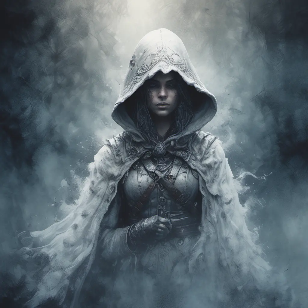 Female white hooded Assassin emerging from the fog of war, Highly Detailed, Vibrant Colors, Ink Art, Fantasy, Dark by Stefan Kostic