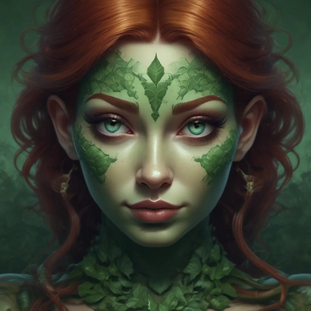 Closeup matte portrait of a tattooed Poison Ivy, symmetrical face, 8k, Highly Detailed, Intricate, Artstation, Matte Painting, Sharp Focus, Concept Art by Stanley Artgerm Lau, Greg Rutkowski