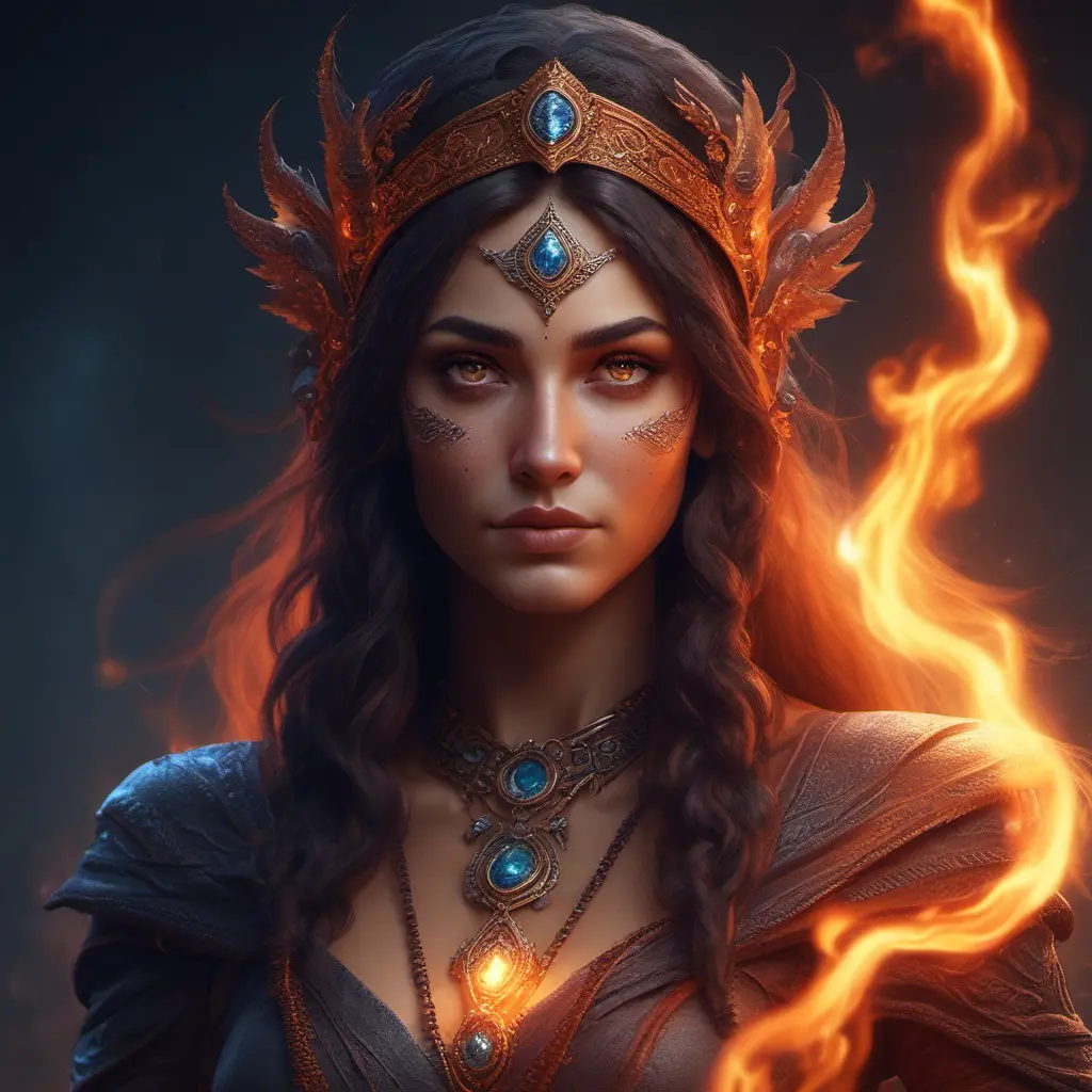 Alluring highly detailed matte portrait of a beautiful fire sorceress in the style of Stefan Kostic, 8k, High Definition, Highly Detailed, Intricate, Half Body, Realistic, Sharp Focus, Fantasy, Elegant