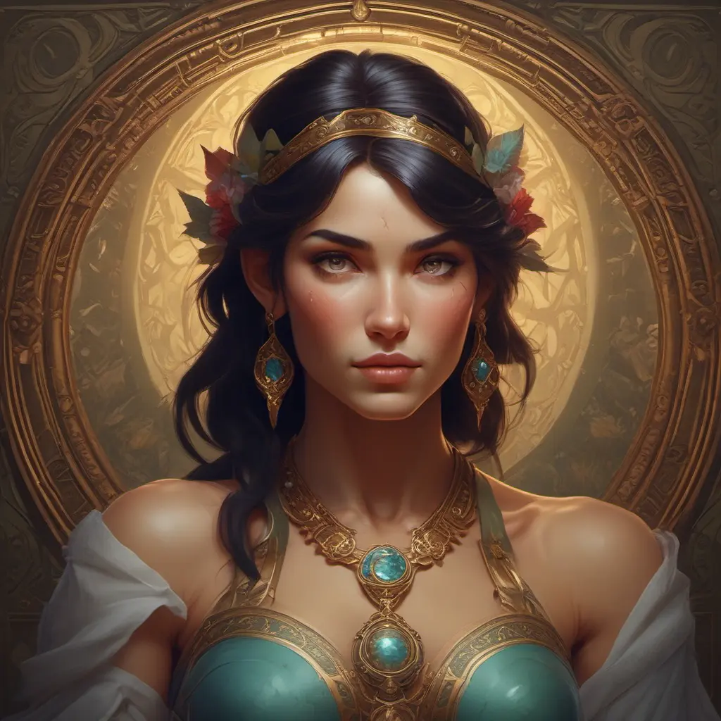 Alluring matte portrait of a beautiful Nidalee, 8k, Highly Detailed, Intricate, Half Body, Realistic, Sharp Focus, Volumetric Lighting, Fantasy, Elegant by Alphonse Mucha