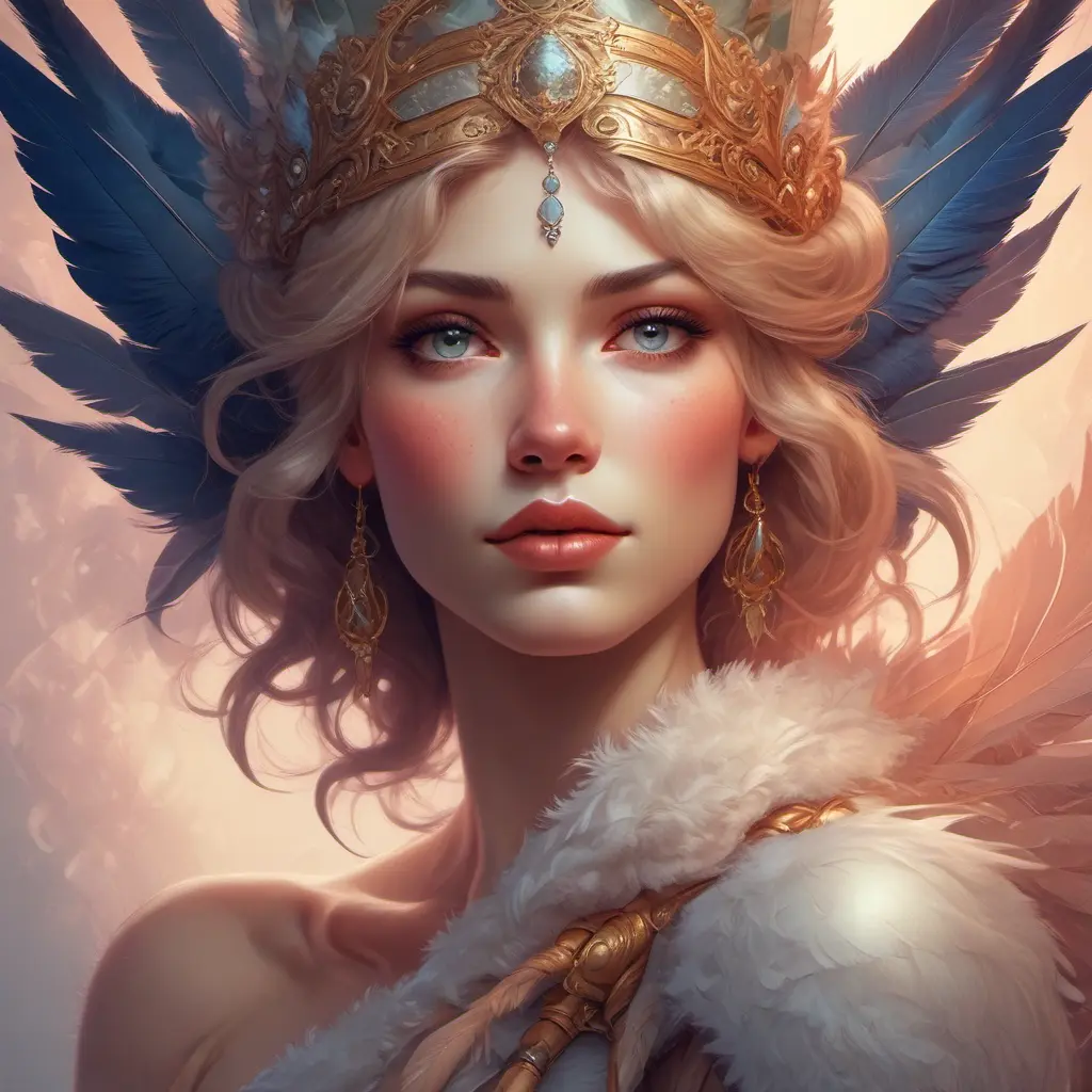 Alluring matte portrait of a beautiful Quinn wearing feathers, 8k, Highly Detailed, Intricate, Half Body, Realistic, Sharp Focus, Volumetric Lighting, Fantasy, Elegant by Stanley Artgerm Lau, Alphonse Mucha, WLOP