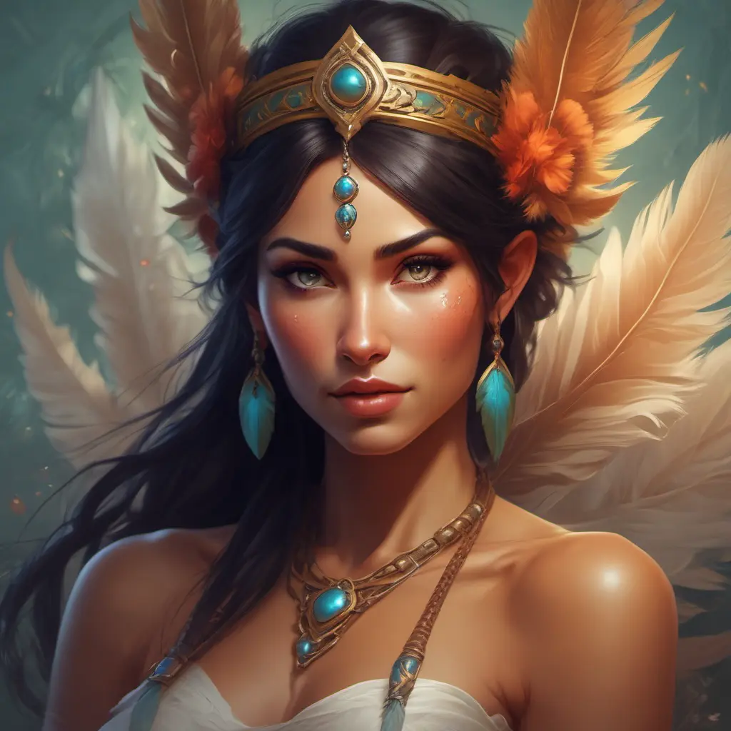 Alluring matte portrait of a beautiful Nidalee wearing feathers, 8k, Highly Detailed, Intricate, Half Body, Realistic, Sharp Focus, Volumetric Lighting, Fantasy, Elegant by Stanley Artgerm Lau, Alphonse Mucha, WLOP