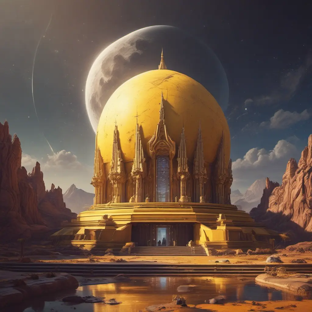 Cosmic round beautiful yellow temple in the center of a futuristic community. Extraterrestrial landscape. Planet sirius. The moon and stars can be seen in the sky even during the day., Sci-Fi, Volumetric Lighting, Vibrant Colors by WLOP