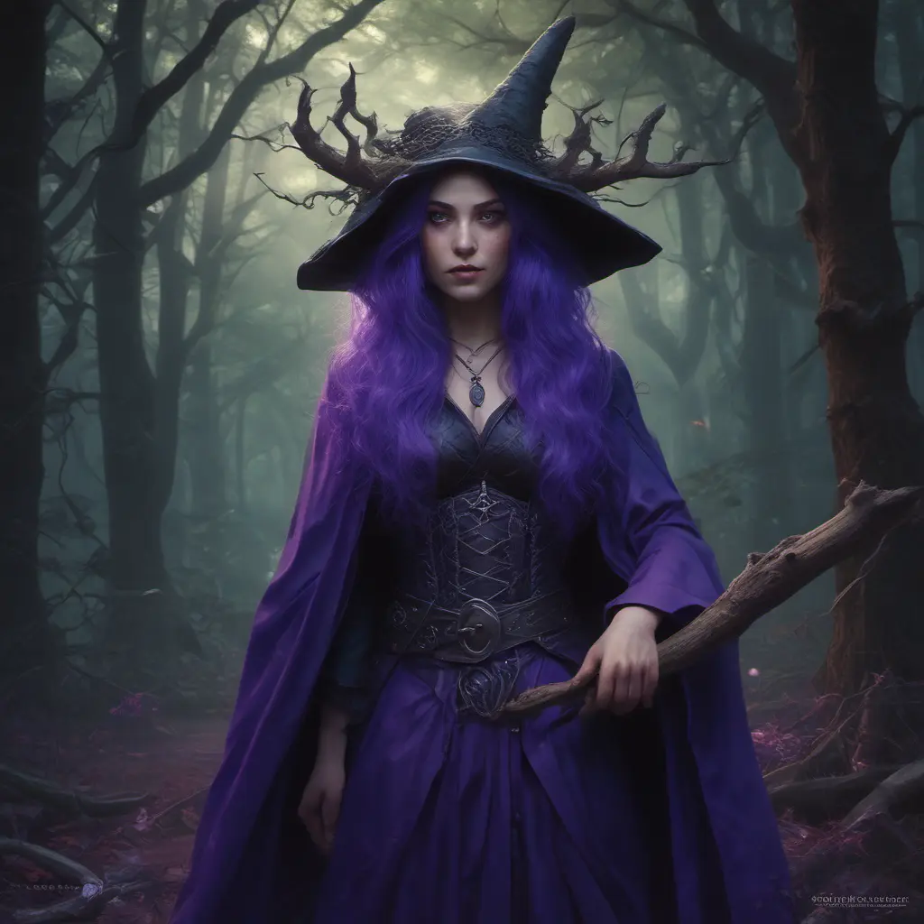 Purple haired witch in a haunted forest, Highly Detailed, Intricate, Gothic, Volumetric Lighting, Fantasy, Dark by Stanley Artgerm Lau