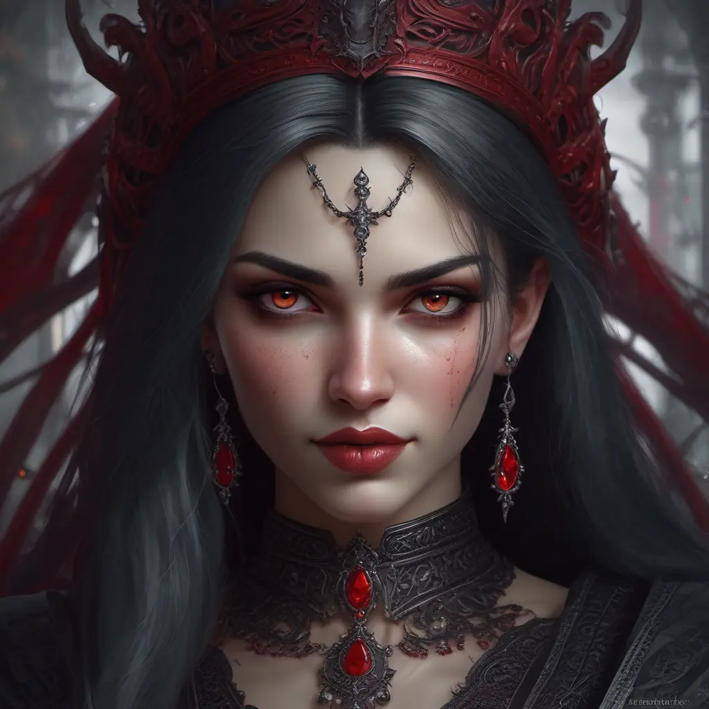 A beautiful romanian vampire woman with penetrating red bright eyes, long fangs, perfect face, 8k, Hyper Detailed, Intricate Details, Masterpiece, Contemporary, Full Body, Trending on Artstation, Gothic, Deviantart, Concept Art by Stanley Artgerm Lau