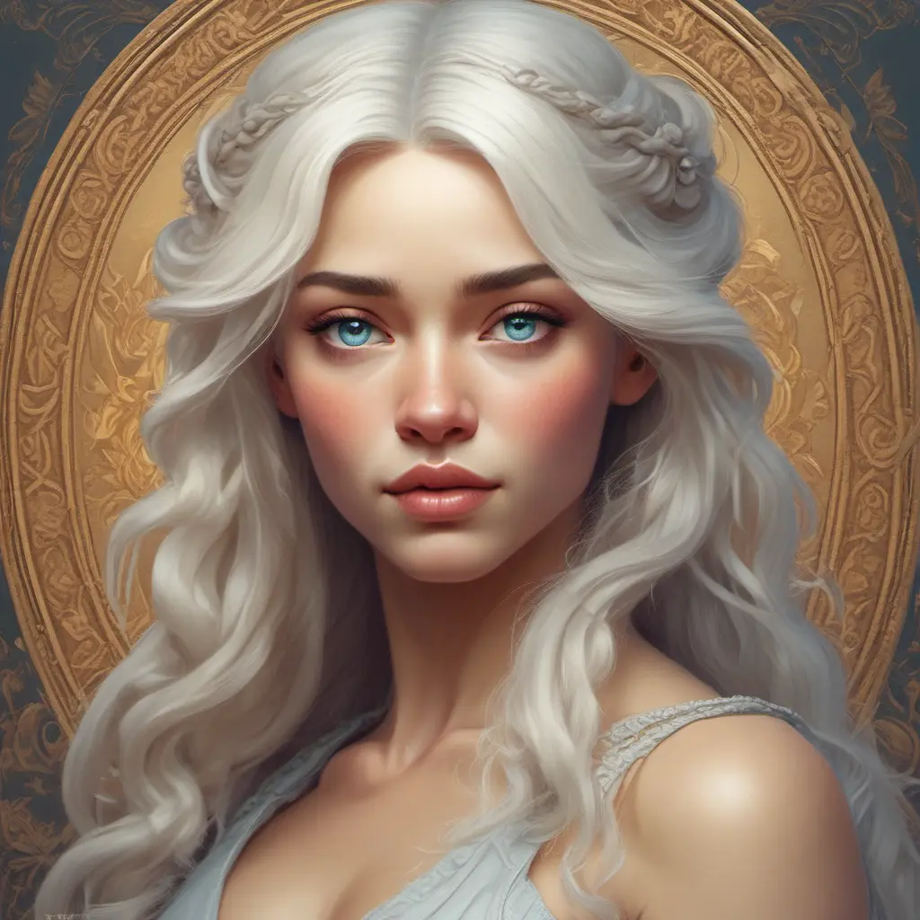 Alluring matte portrait of a beautiful Daenerys Targaryen, 8k, Highly Detailed, Intricate, Half Body, Realistic, Sharp Focus, Volumetric Lighting, Fantasy, Elegant by Alphonse Mucha