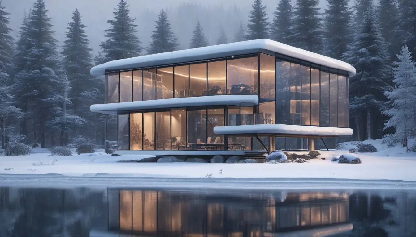 Beautiful futuristic architectural glass house in the forest by a large frozen lake, 8k, Award-Winning, Highly Detailed, Beautiful, Epic, Octane Render, Unreal Engine, Radiant, Volumetric Lighting by Greg Rutkowski