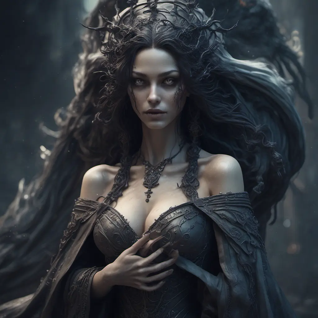 Ghostly rotting dead evil undead siren, graceful, flowing robes, wispy, glowing dark eyes, darkness, 8k, Gothic and Fantasy, Beautiful, Sci-Fi, Photo Realistic