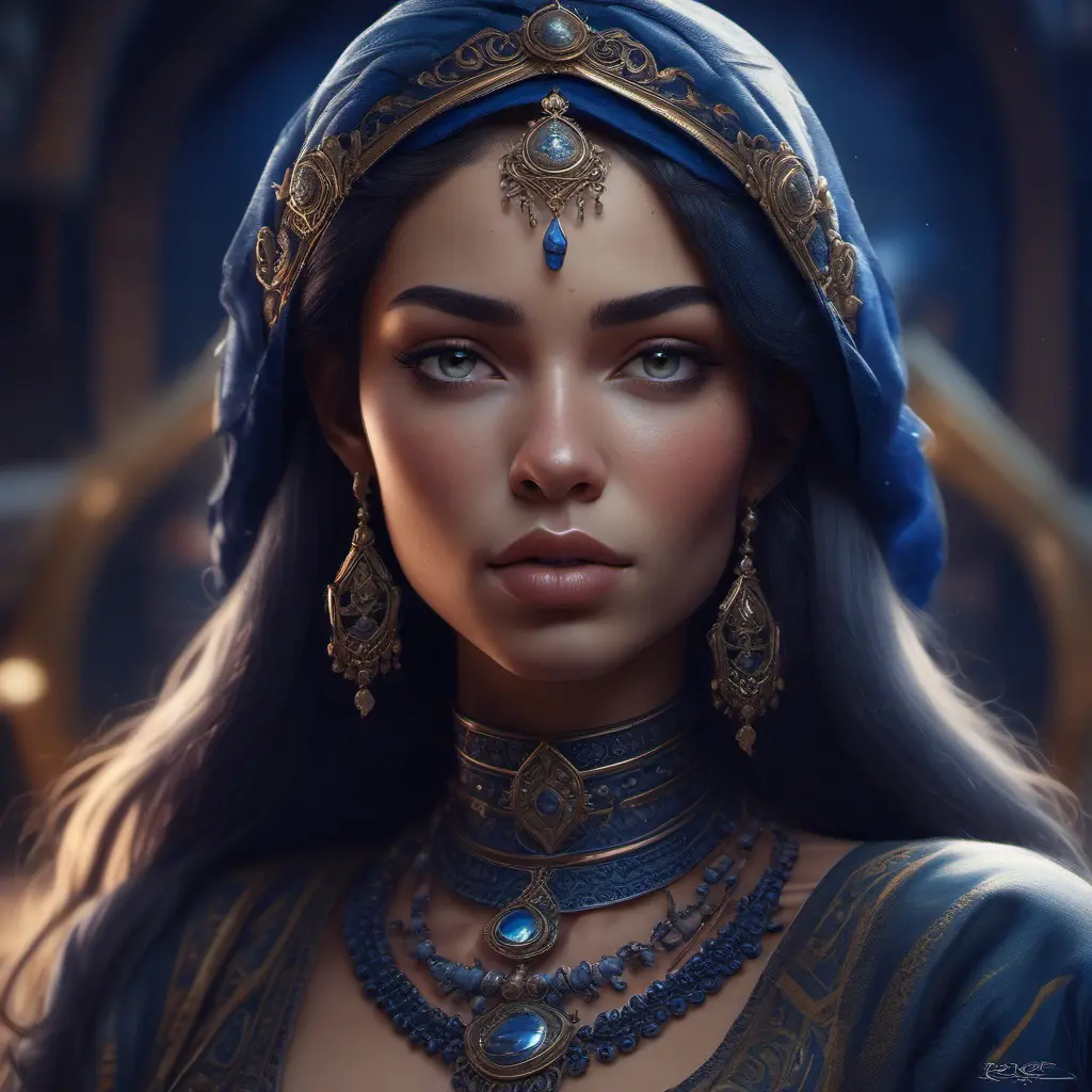 Matte portrait of the beautiful Samira in dark blue, 8k, Highly Detailed, Intricate, Realistic, Sharp Focus, Volumetric Lighting, Fantasy, Elegant by Stanley Artgerm Lau, WLOP, Stefan Kostic