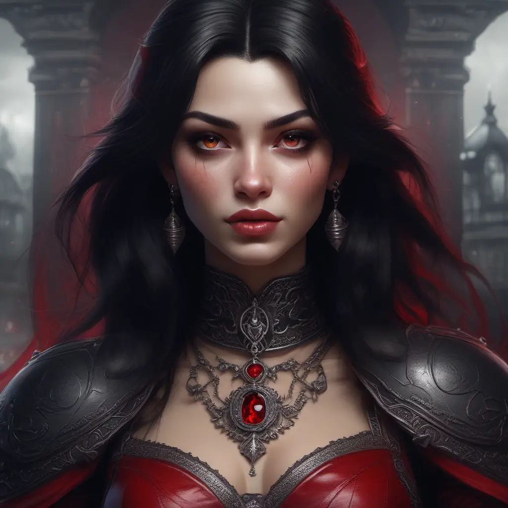 A beautiful romanian vampire woman with penetrating red bright eyes, long fangs, perfect face, 8k, Hyper Detailed, Intricate Details, Masterpiece, Contemporary, Full Body, Trending on Artstation, Gothic, Deviantart, Concept Art by Stanley Artgerm Lau