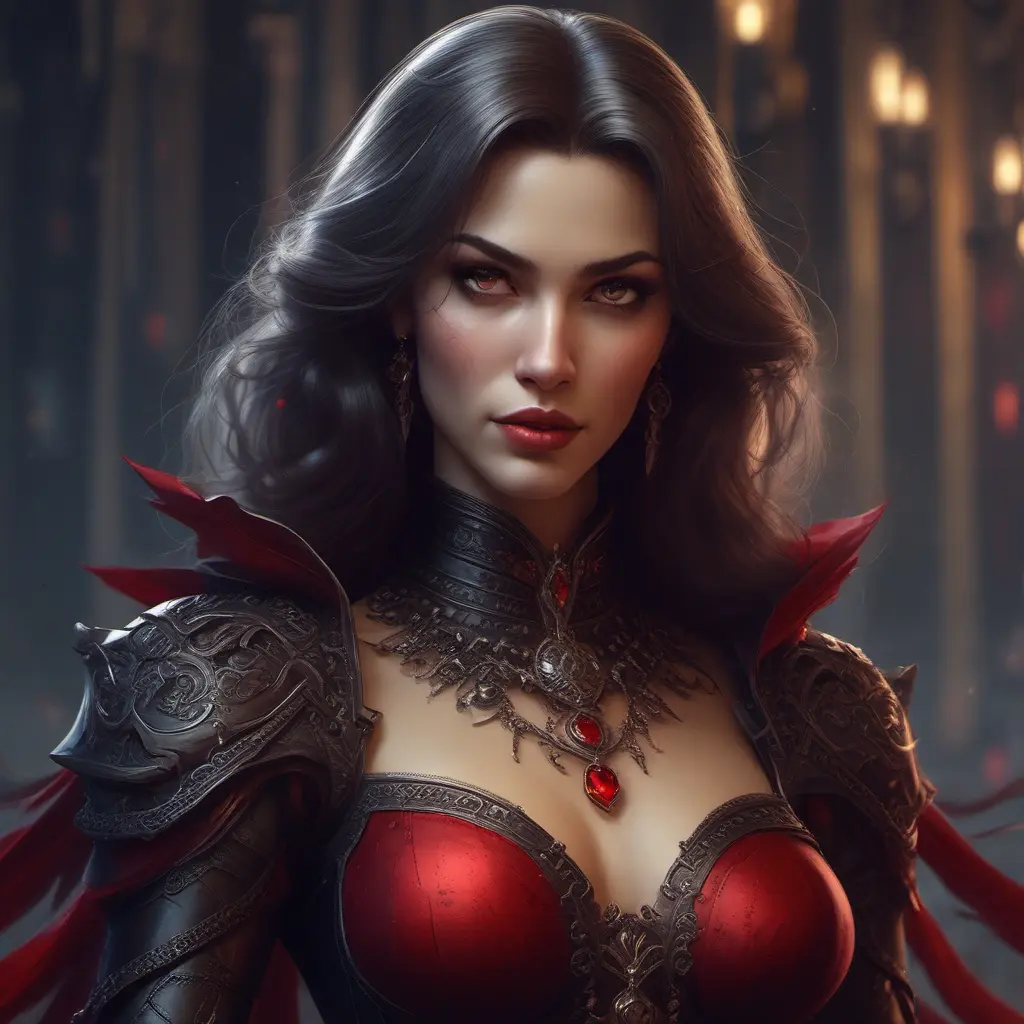 A beautiful romanian vampire woman with penetrating red bright eyes, long fangs, perfect face, 8k, Hyper Detailed, Intricate Details, Masterpiece, Contemporary, Full Body, Trending on Artstation, Gothic, Deviantart, Concept Art by Stanley Artgerm Lau